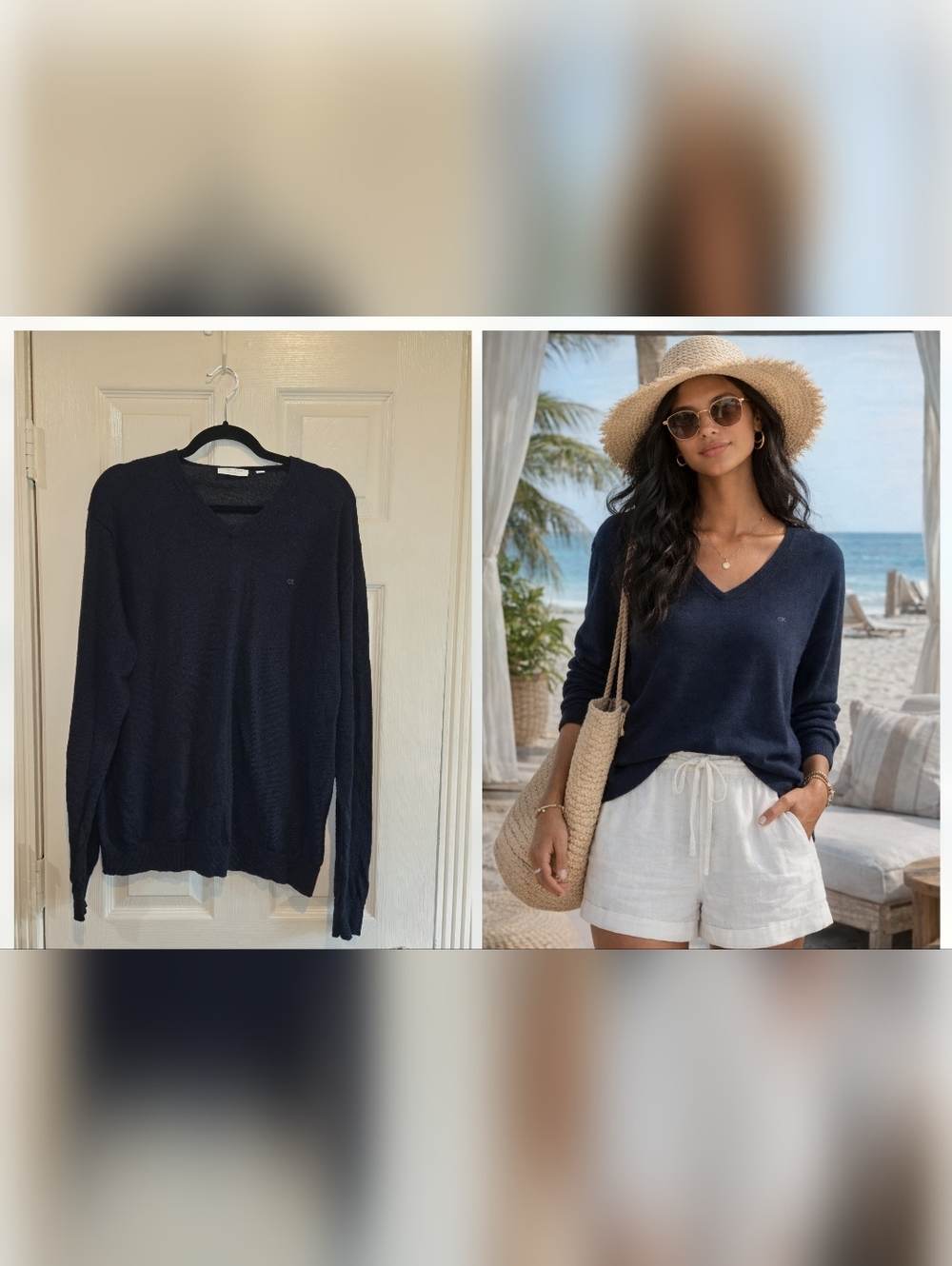 Merino Wool Calvin KleinV Neck Sweater XL Navy Blue Quiet Luxury Coastal Preppy